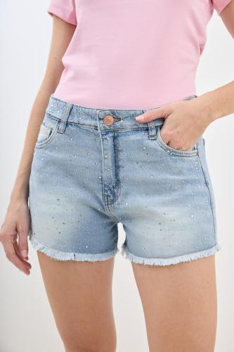 SHORT CELESTE CON BRILLO DEFLECADO ELASTIZADO