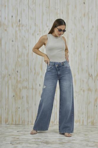 WIDE LEG STONE BOTON CRUZADO CON MICRO ROTURAS RIGIDO