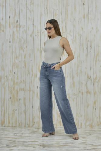 WIDE LEG STONE BOTON CRUZADO CON MICRO ROTURAS RIGIDO